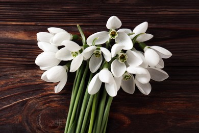 Photo of Beautiful snowdrops on wooden table, above view