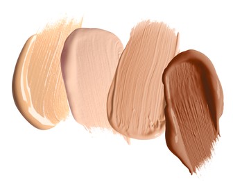 Image of Foundation of various shades for different skin tones isolated on white, top view. Set of samples