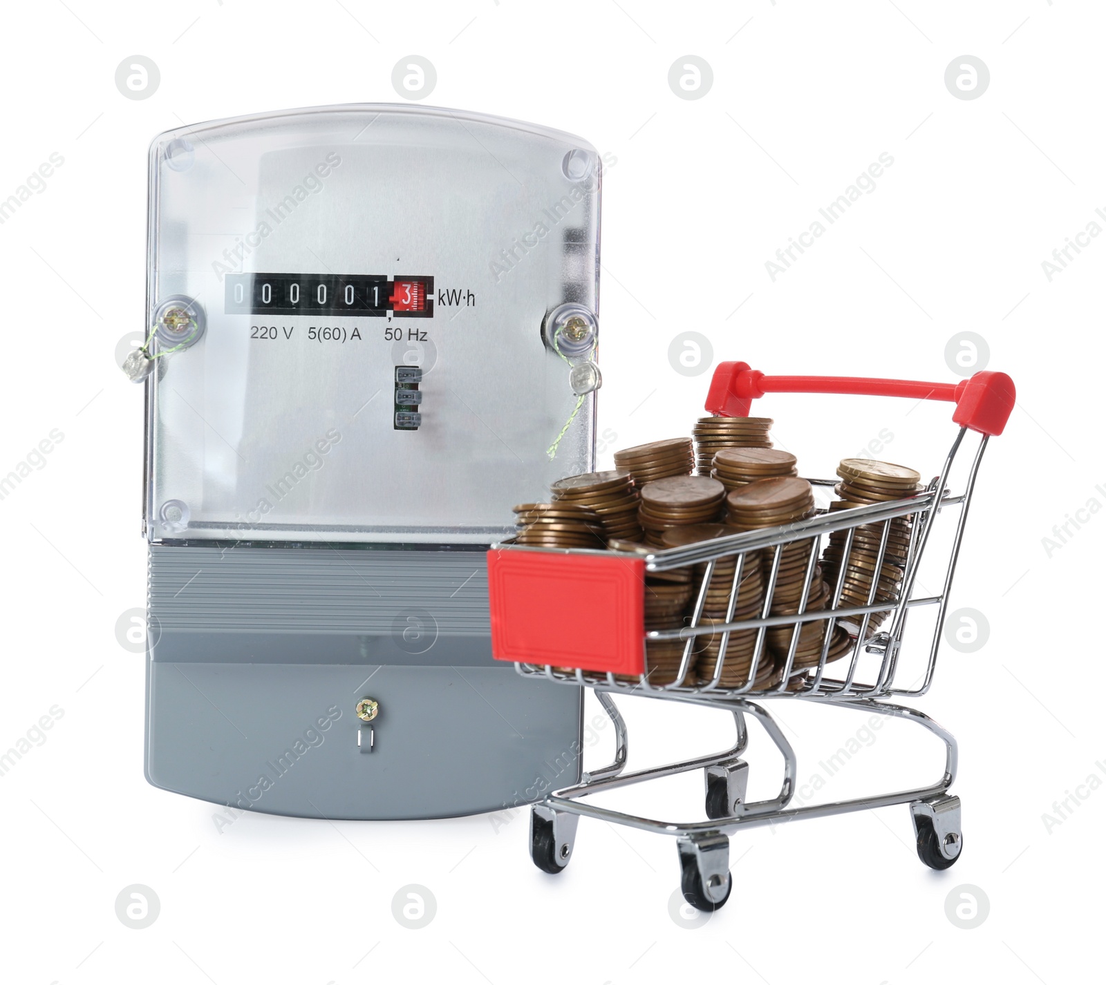 Photo of Electricity meter and small shopping cart with coins on white background