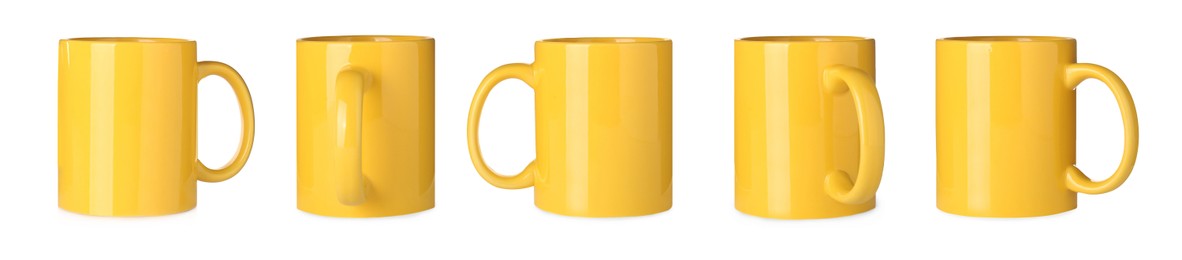 Image of Set with yellow ceramic mugs on white background. Banner design