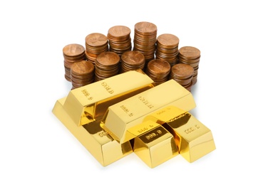 Shiny gold bars and coins on white background