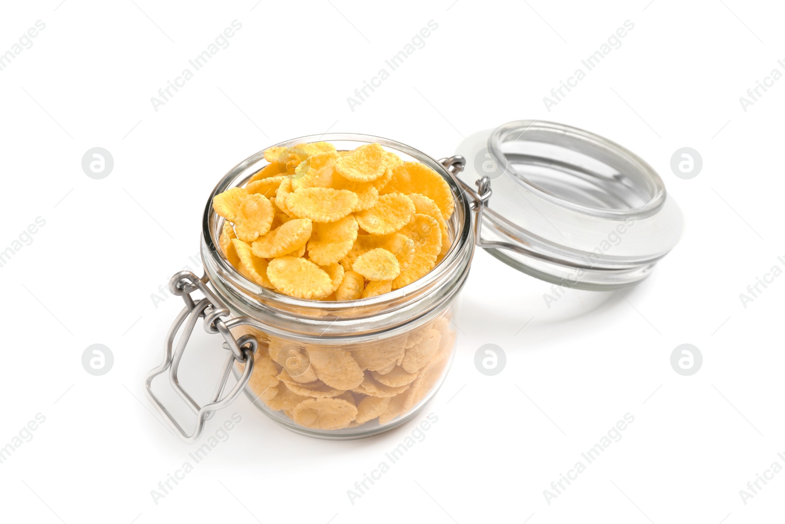 Photo of Glass jar with corn flakes isolated on white