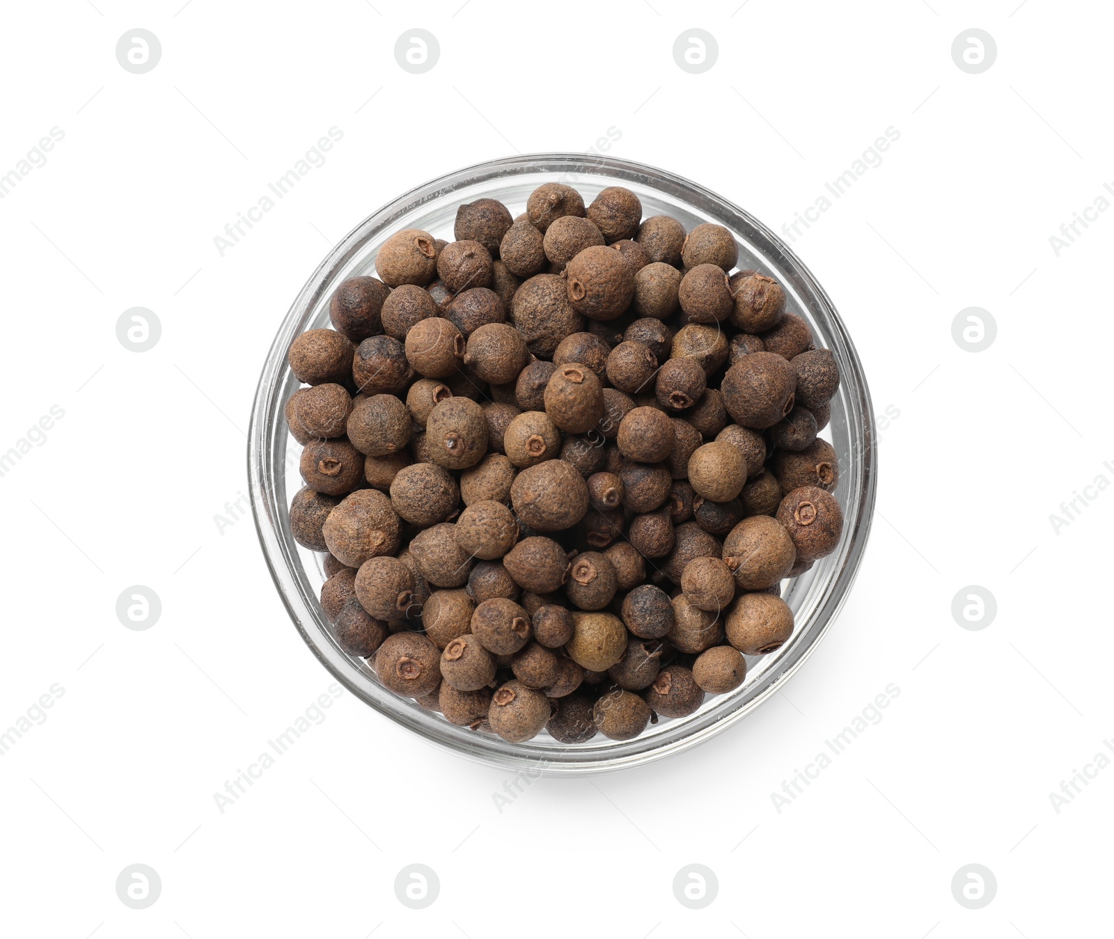 Photo of Dry allspice berries (Jamaica pepper) in bowl isolated on white, top view