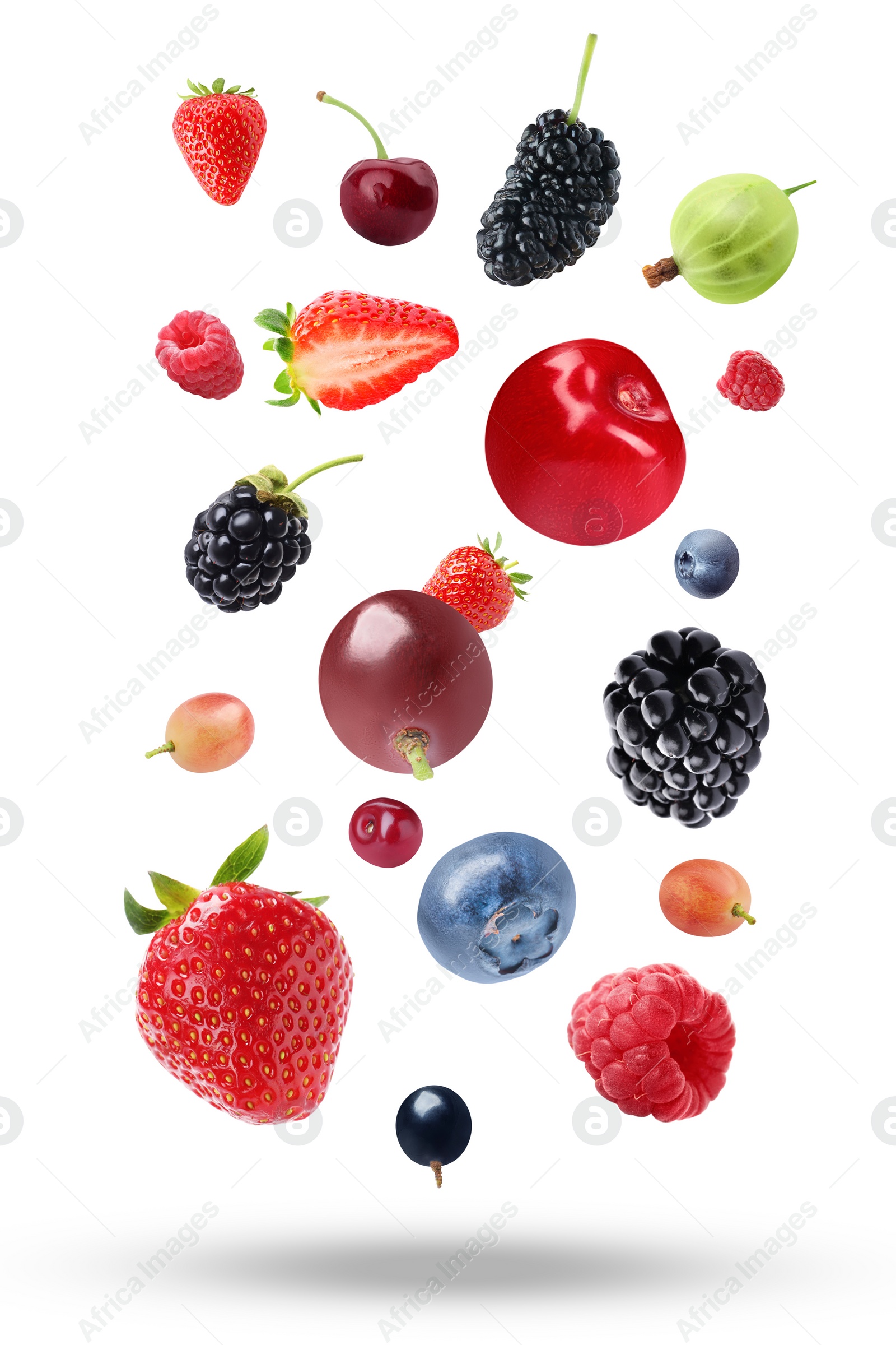 Image of Many different fresh berries falling on white background