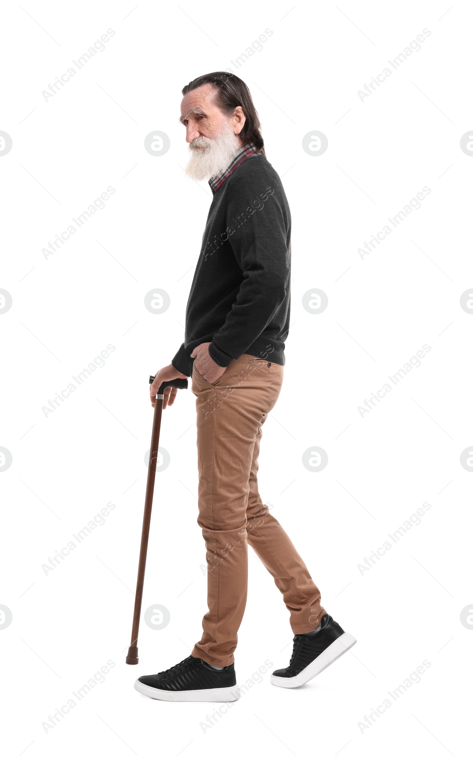 Photo of Senior man with walking cane on white background