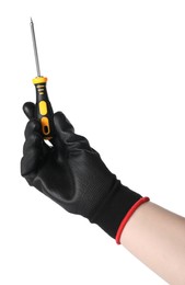 Photo of Woman holding screwdriver on white background, closeup