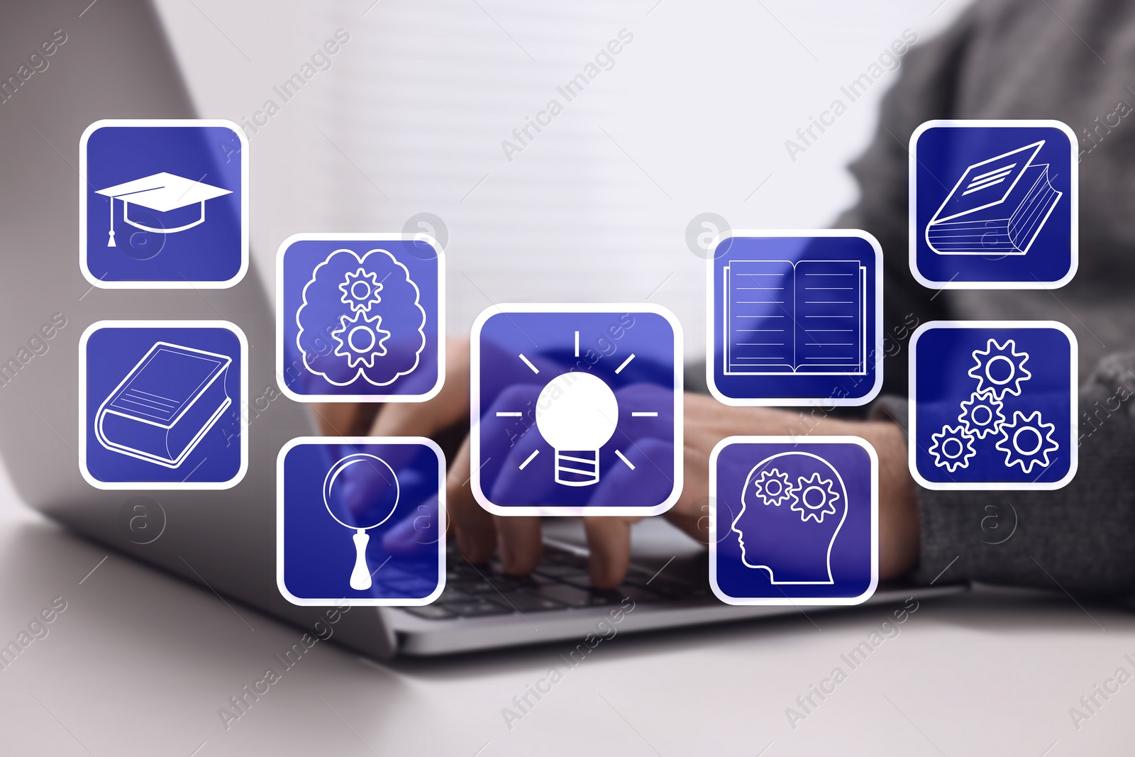 Image of E-learning. Man working with laptop at table, closeup. Illustrations of different icons