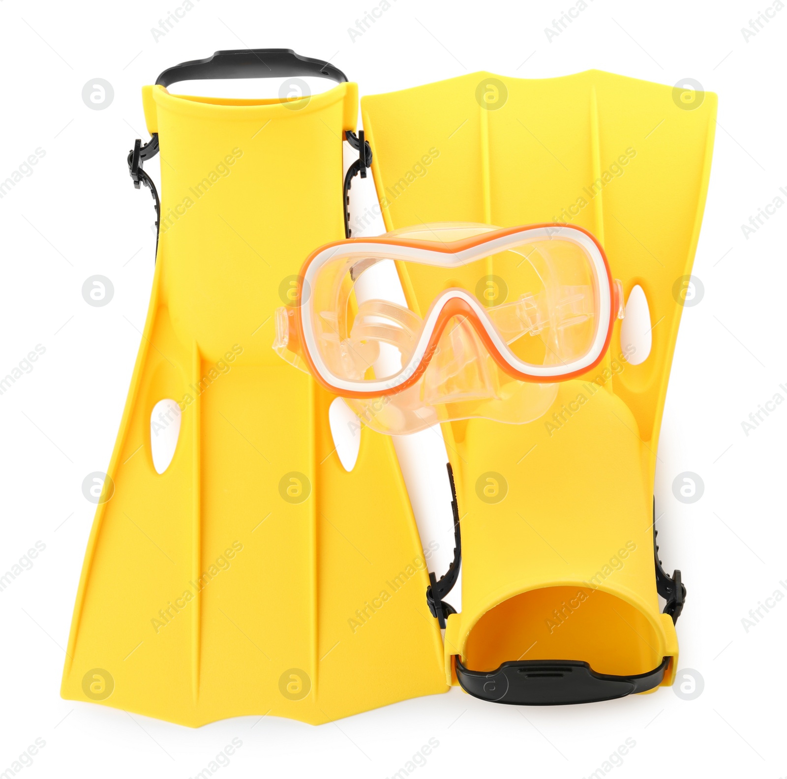 Photo of Pair of yellow flippers and mask on white background, top view