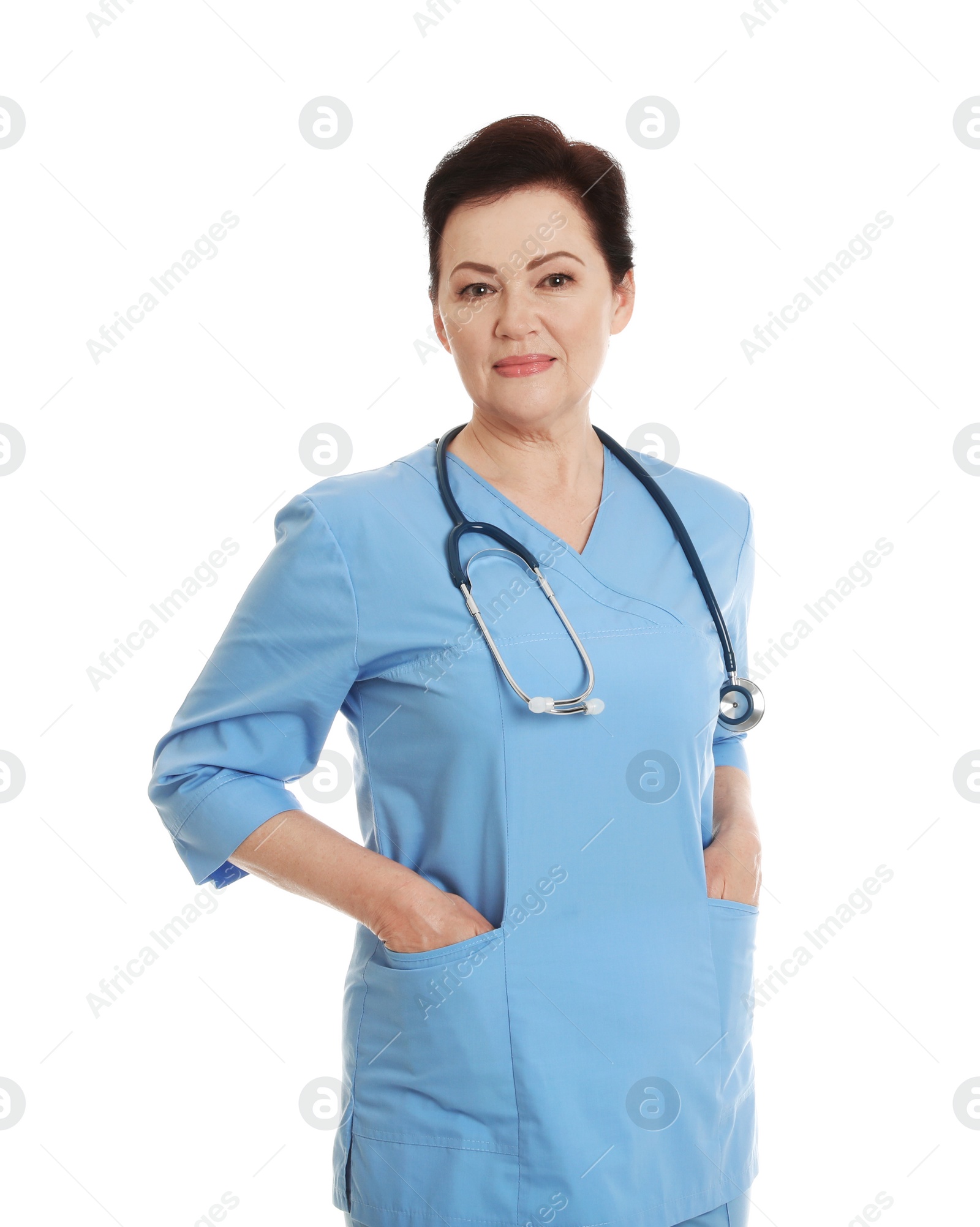 Photo of Portrait of female doctor in scrubs isolated on white. Medical staff