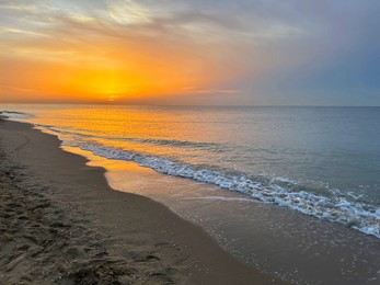 Beautiful view of sandy beach at sunrise