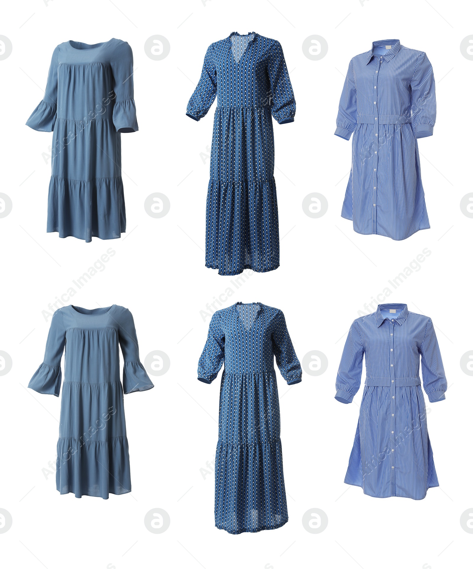 Image of Set of different stylish dresses on white background