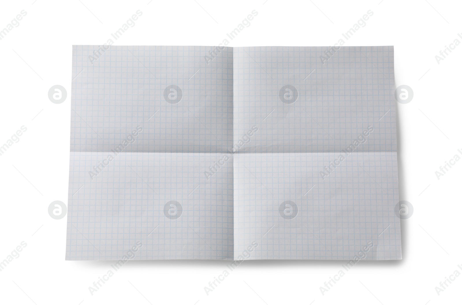 Photo of Checkered sheet of paper with creases on white background, top view