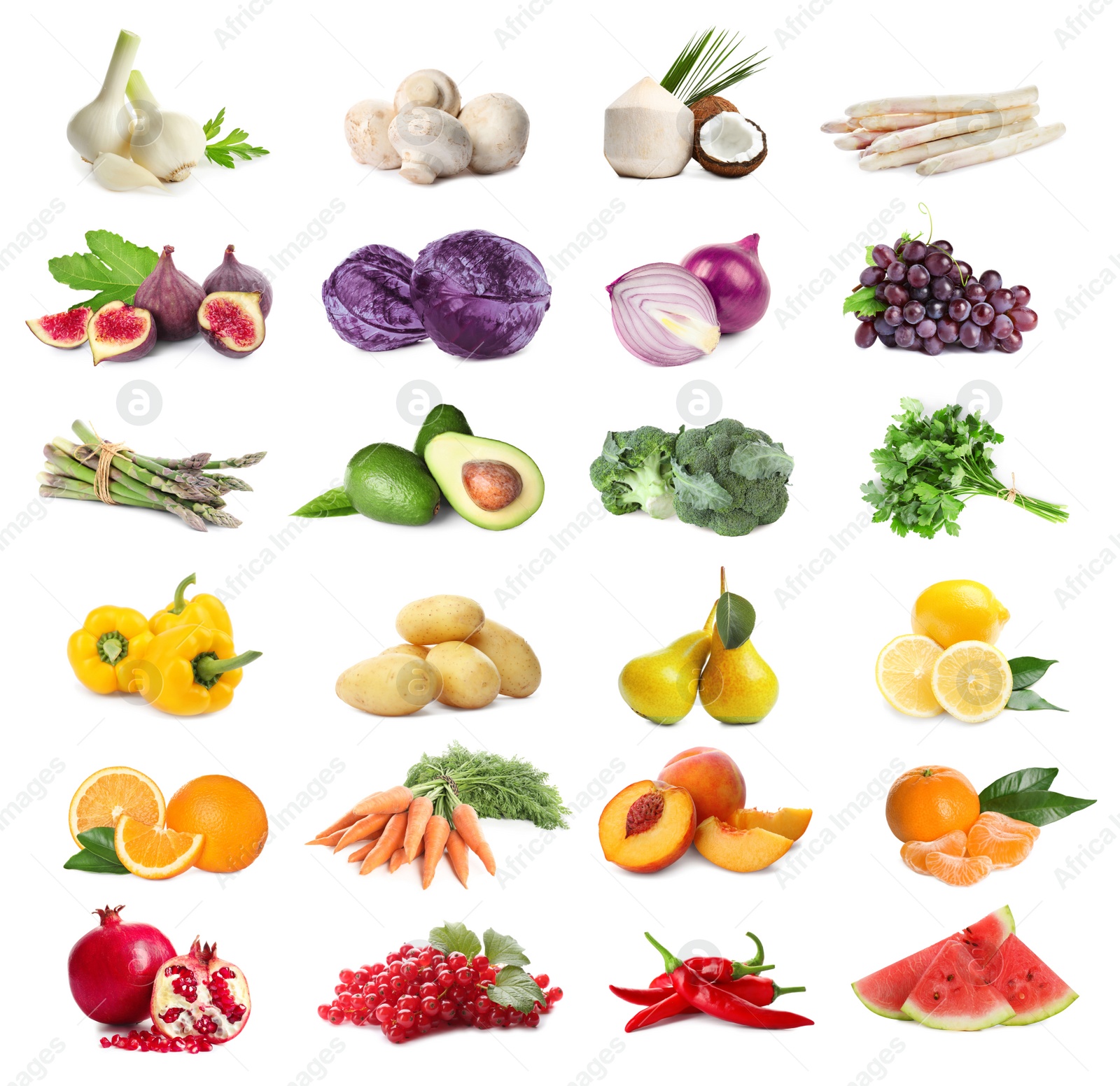 Image of Assortment of organic fresh fruits and vegetables on white background