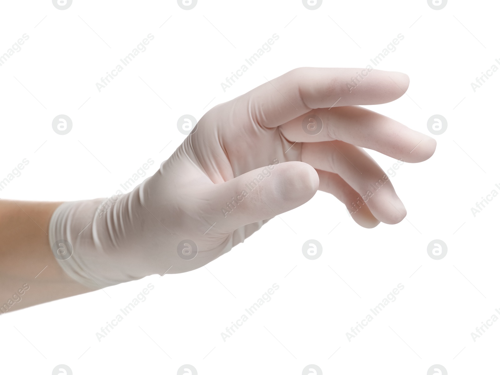 Photo of Woman wearing medical glove on white background, closeup