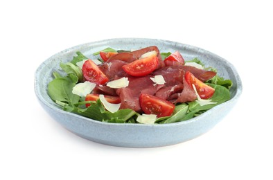 Photo of Delicious bresaola salad with tomatoes and parmesan cheese isolated on white