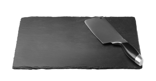 Photo of Cleaver knife and slate plate isolated on white