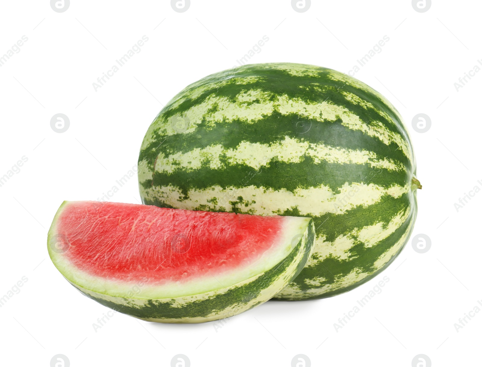 Photo of Delicious whole and cut watermelons isolated on white