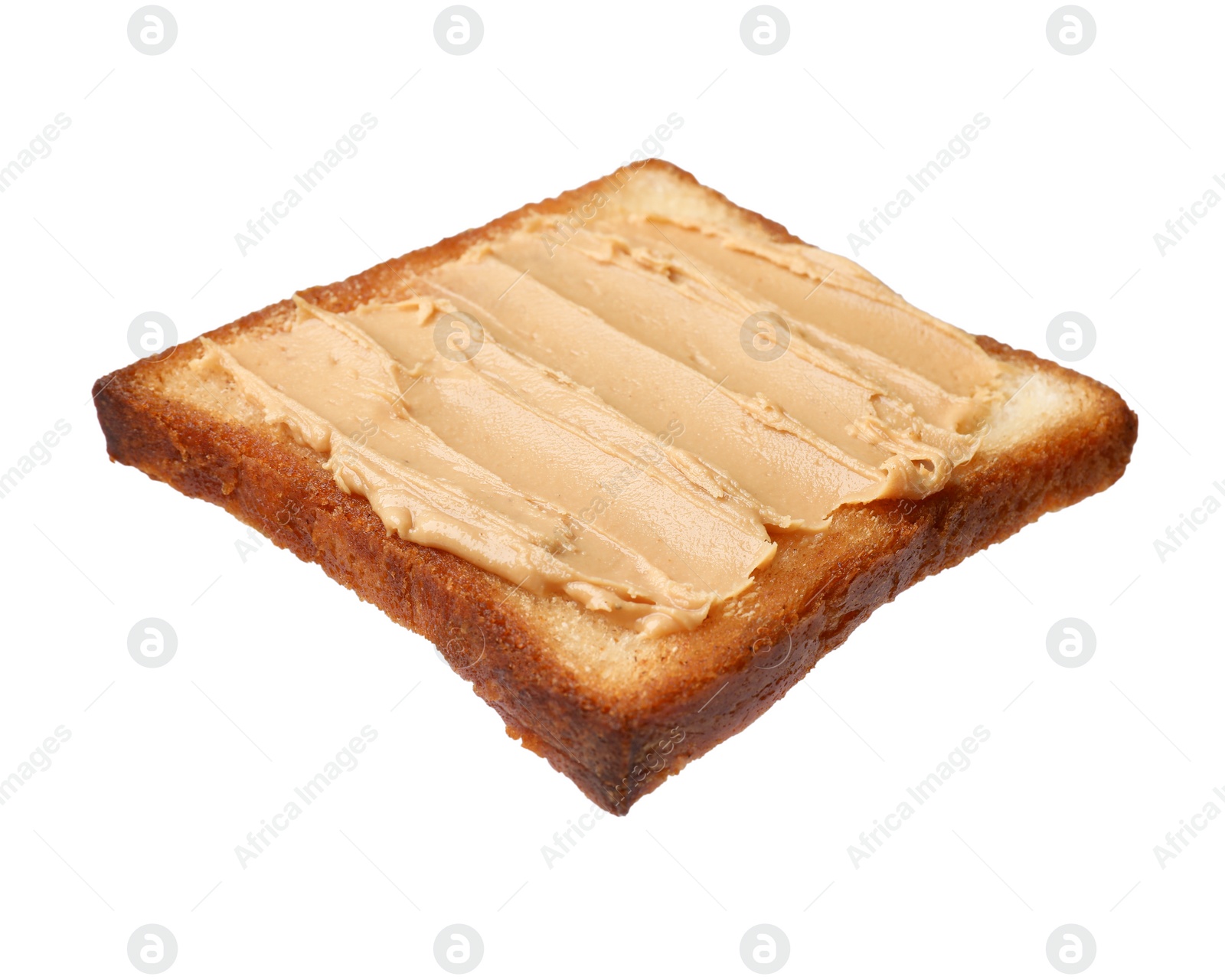 Photo of Piece of toasted bread with peanut butter isolated on white