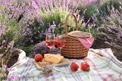 Photo of Set for picnic on blanket in lavender field
