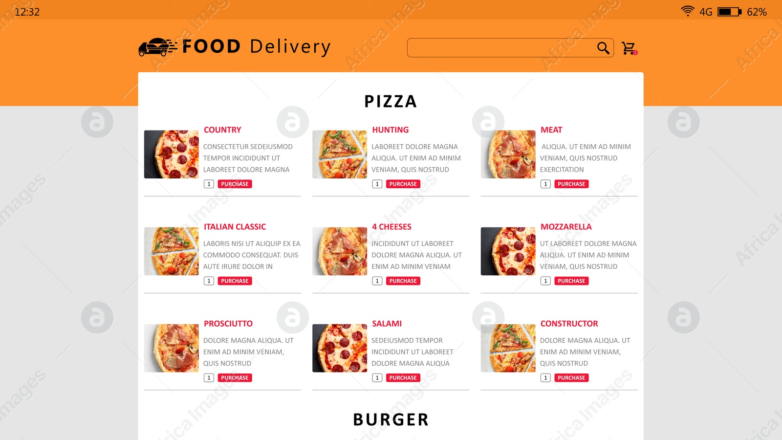 Image of Food delivery app. Display with appetizing menu