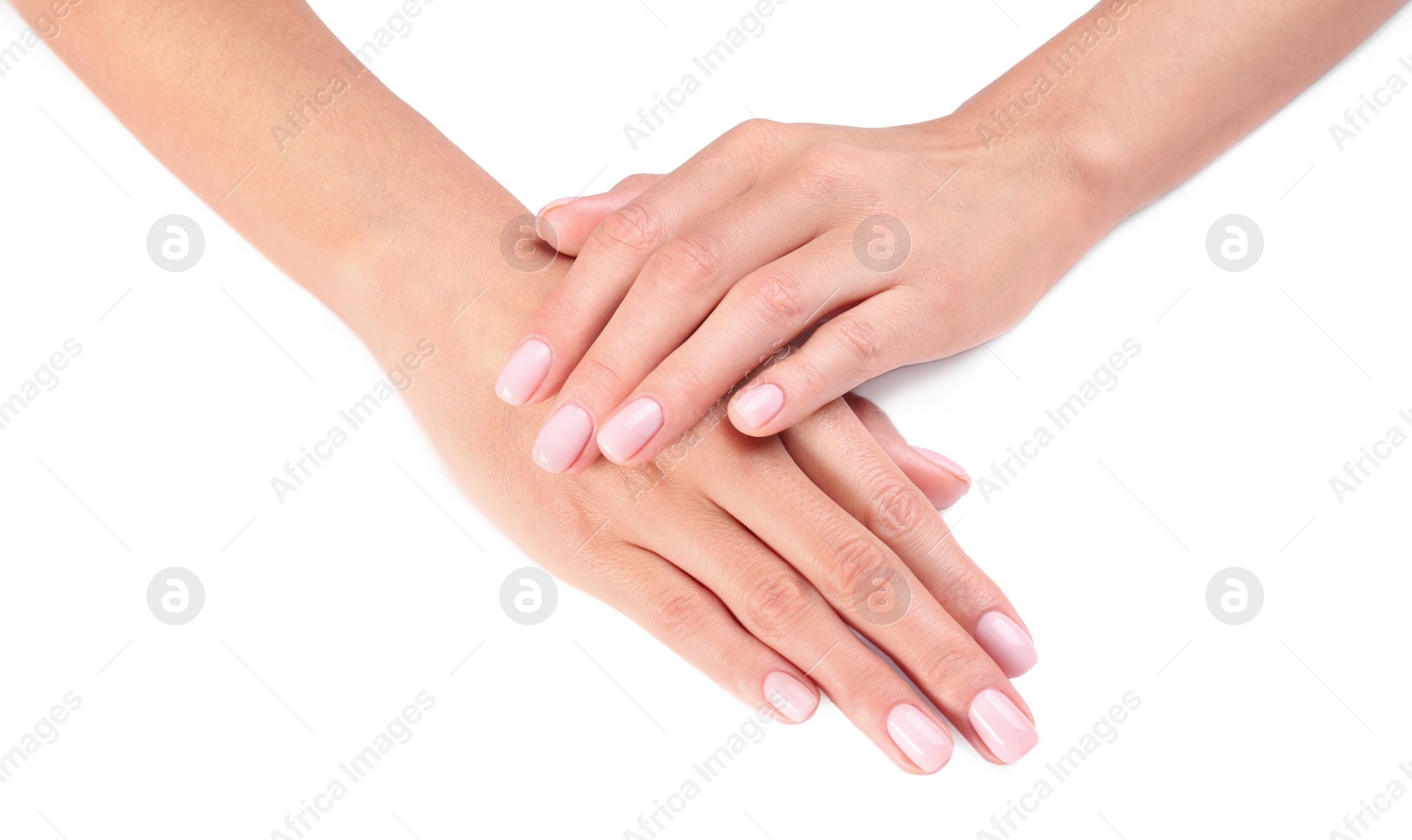 Photo of Woman with beautiful hands on white background, closeup. Spa treatment