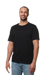 Man wearing black t-shirt on white background