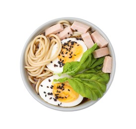 Photo of Bowl of delicious ramen with meat and egg isolated on white, top view. Noodle soup