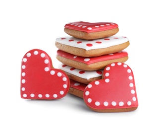Photo of Delicious heart shaped cookies on white background. Valentine's Day