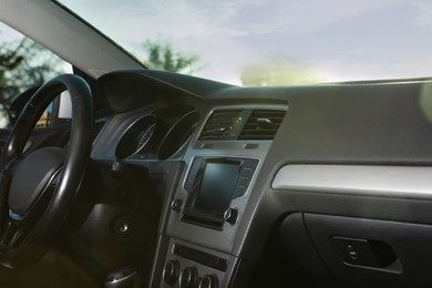 View of dashboard with navigation system in modern car