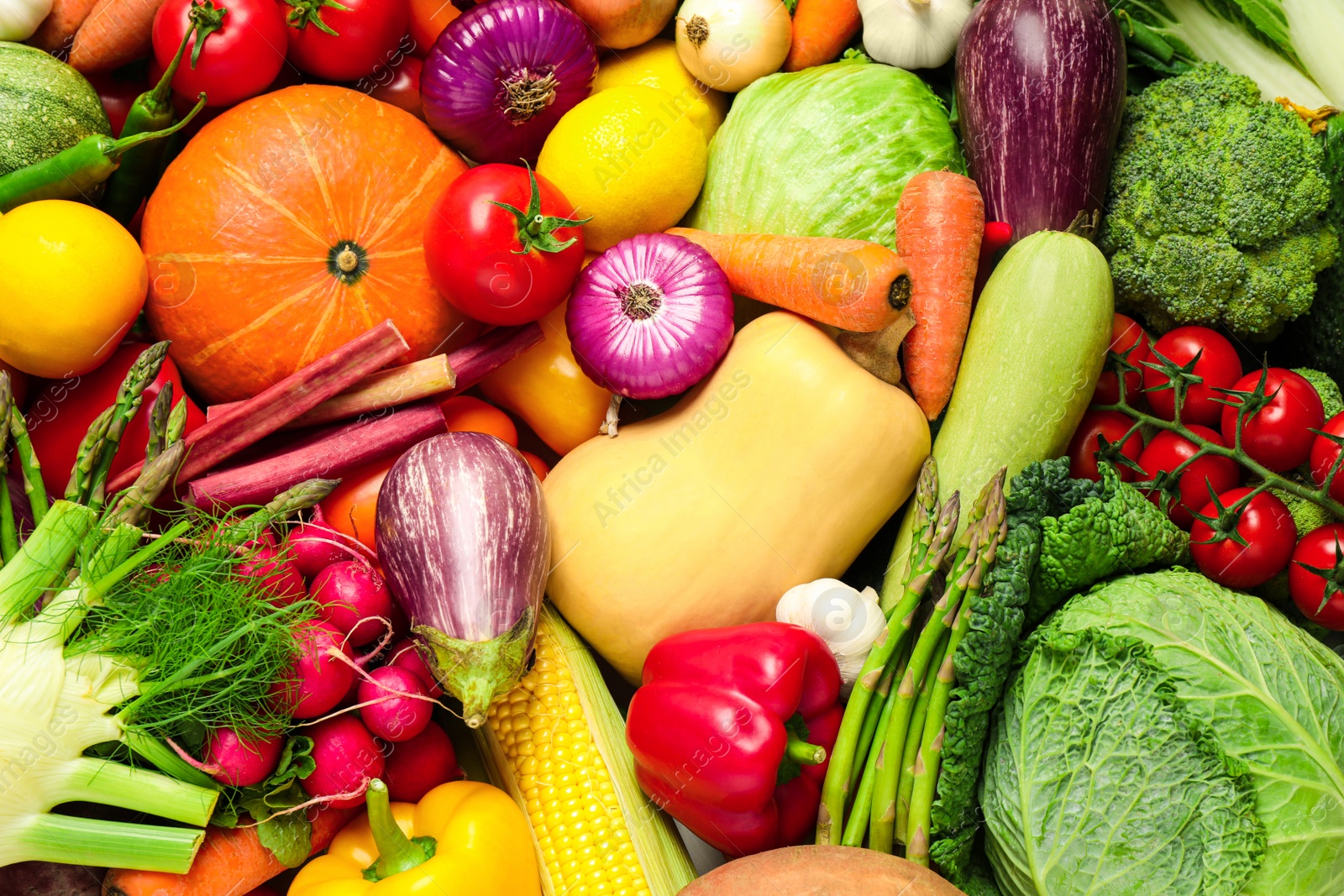 Photo of Many fresh vegetables as background, top view