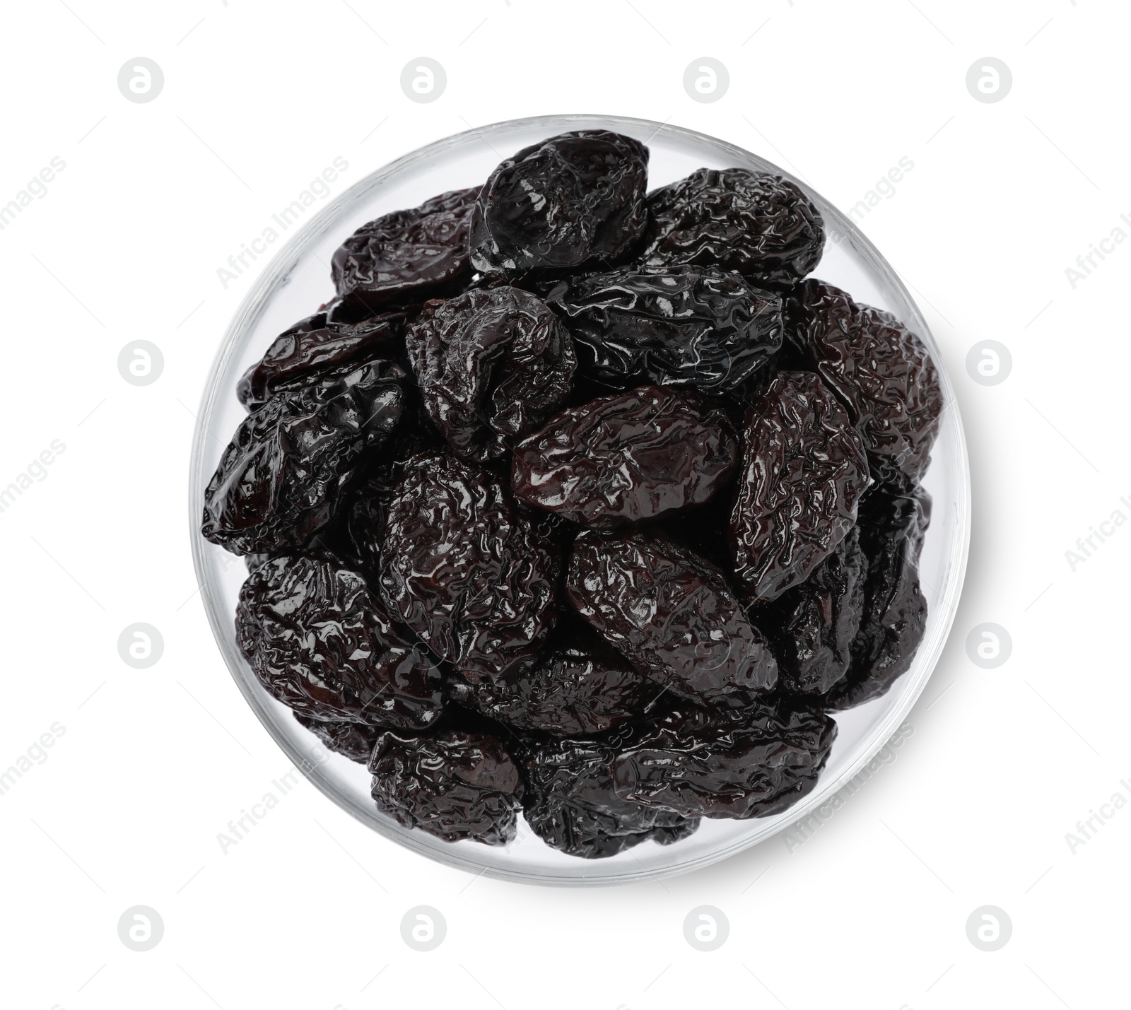 Photo of Bowl with sweet dried prunes isolated on white, top view