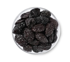 Photo of Bowl with sweet dried prunes isolated on white, top view