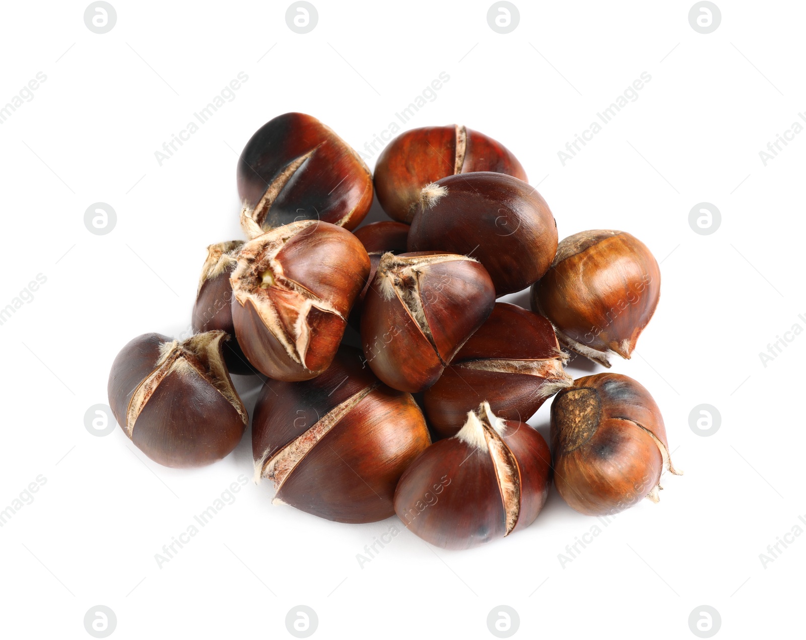 Photo of Delicious sweet roasted edible chestnuts isolated on white