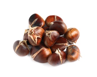 Photo of Delicious sweet roasted edible chestnuts isolated on white