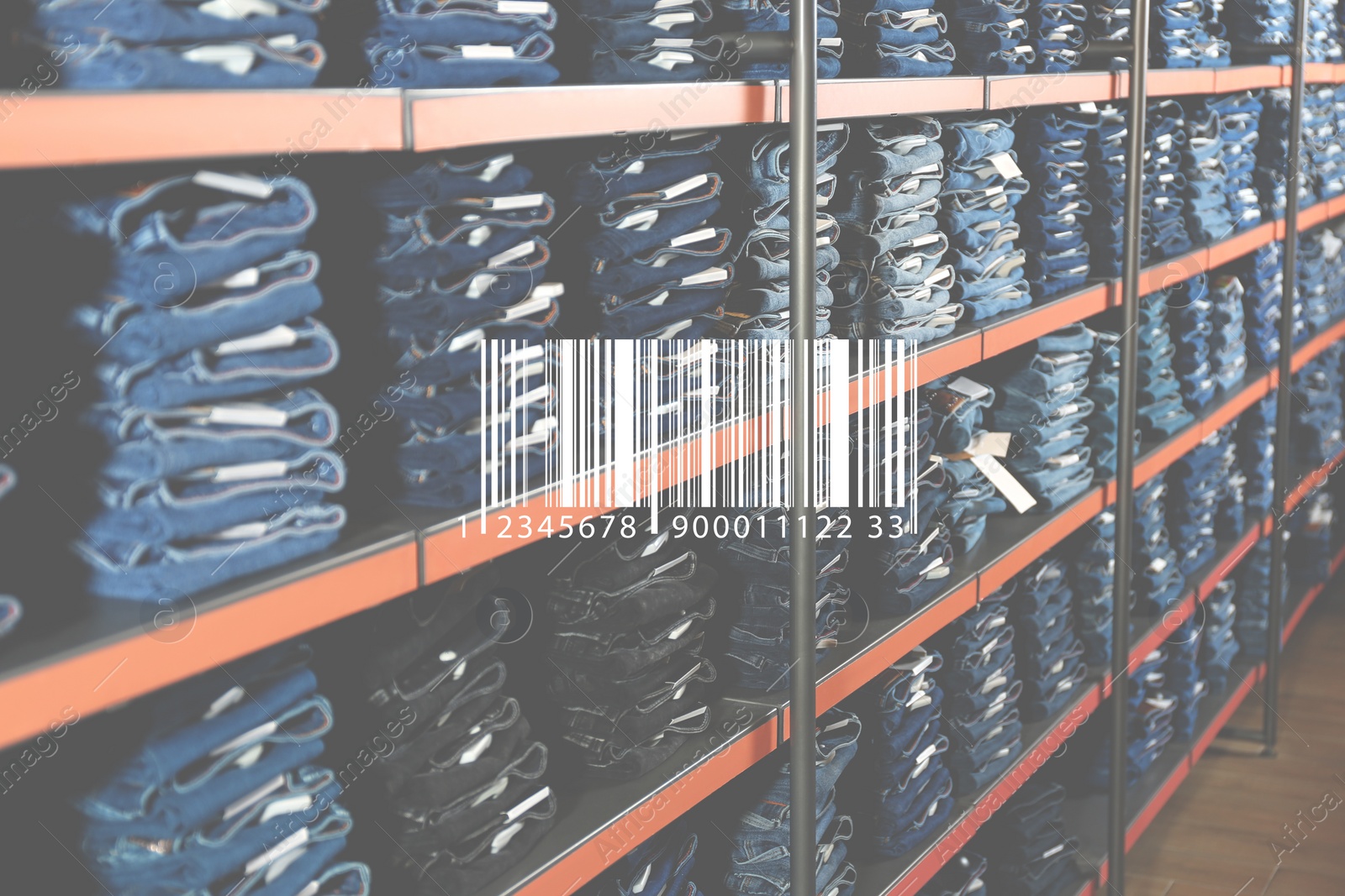 Image of Barcode and collection of stylish jeans on shelves in wholesale shop