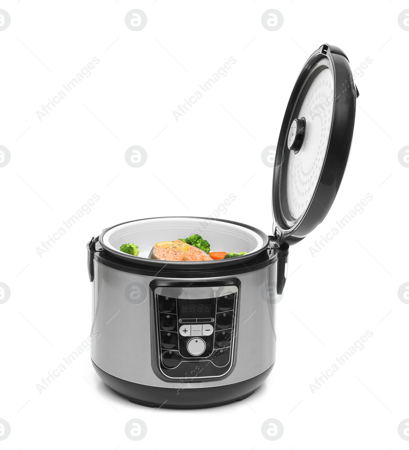 Photo of Modern multi cooker with fish and garnish on white background