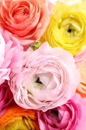 Photo of Bouquet of beautiful ranunculus flowers, closeup view