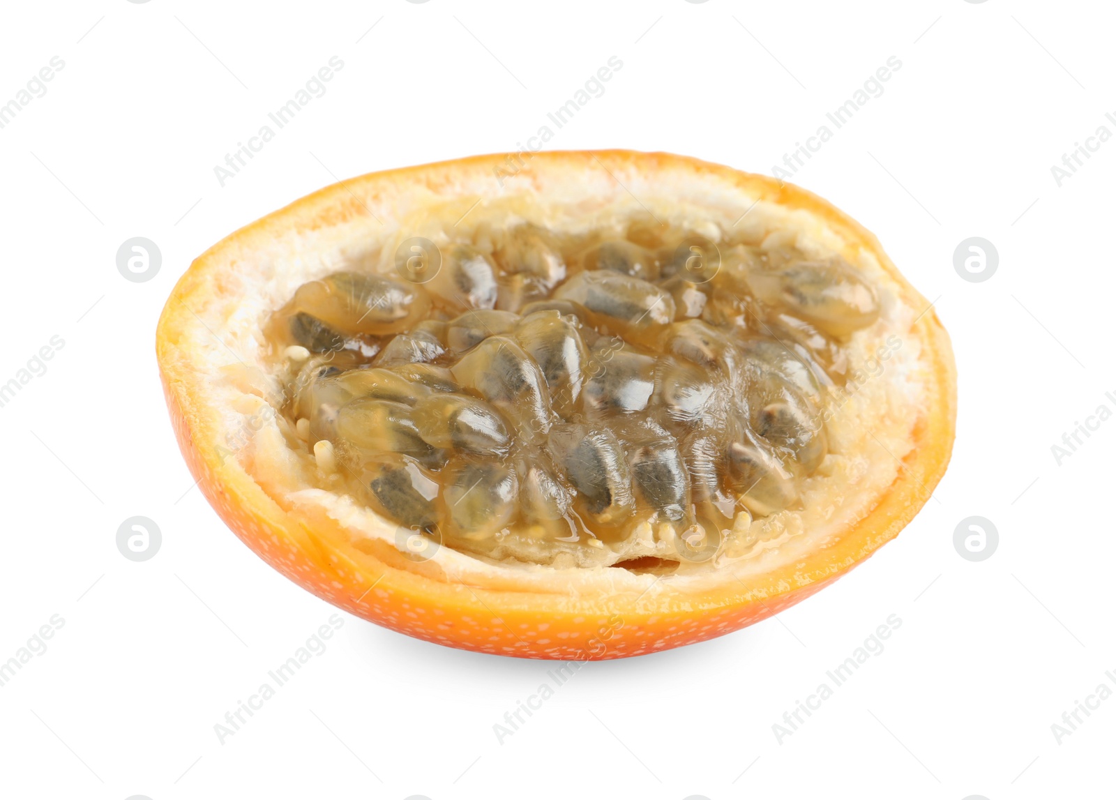 Photo of Half of delicious ripe granadilla isolated on white