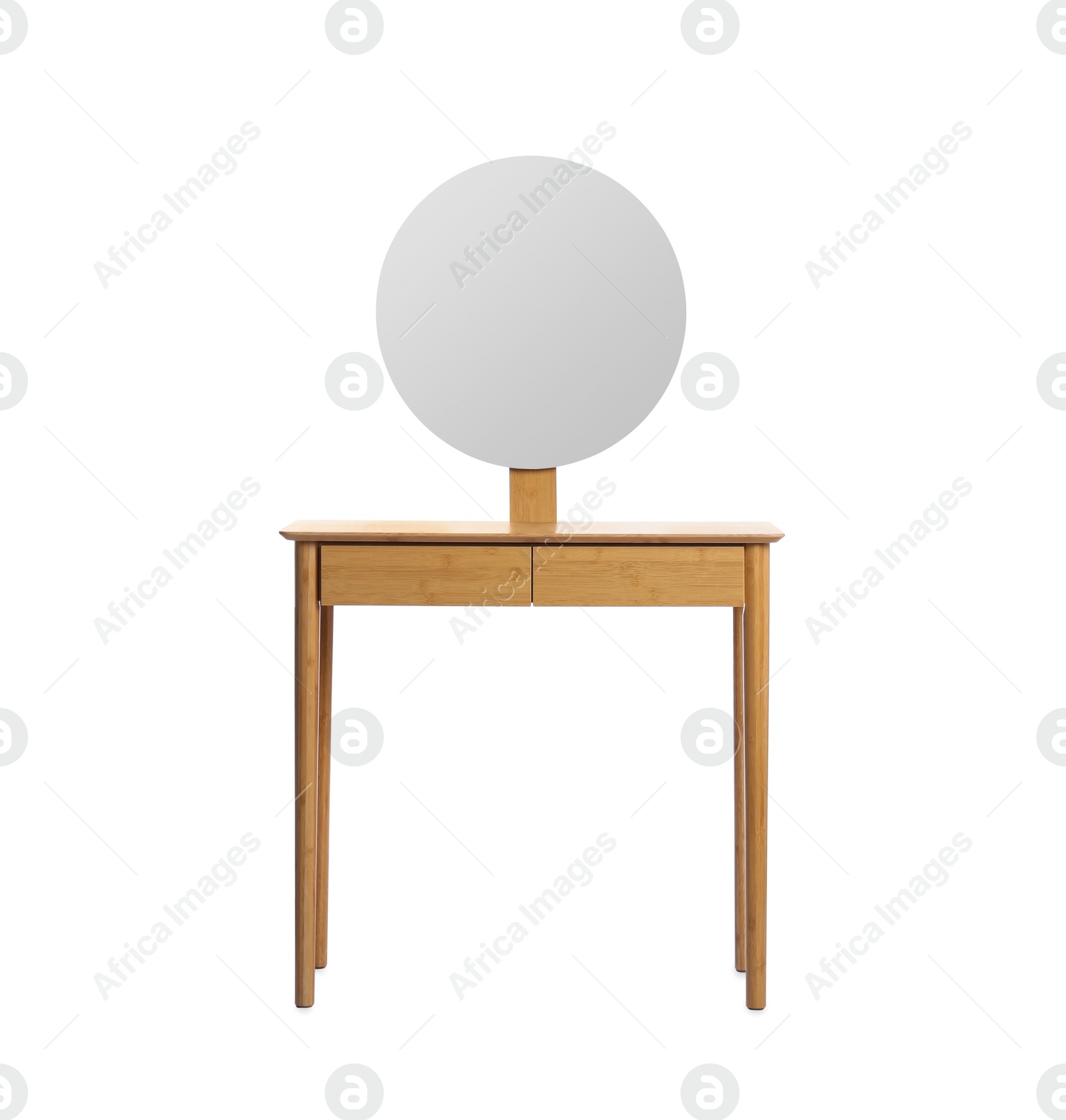 Photo of Modern wooden dressing table with mirror isolated on white