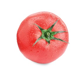 Photo of One red ripe tomato with water drops isolated on white