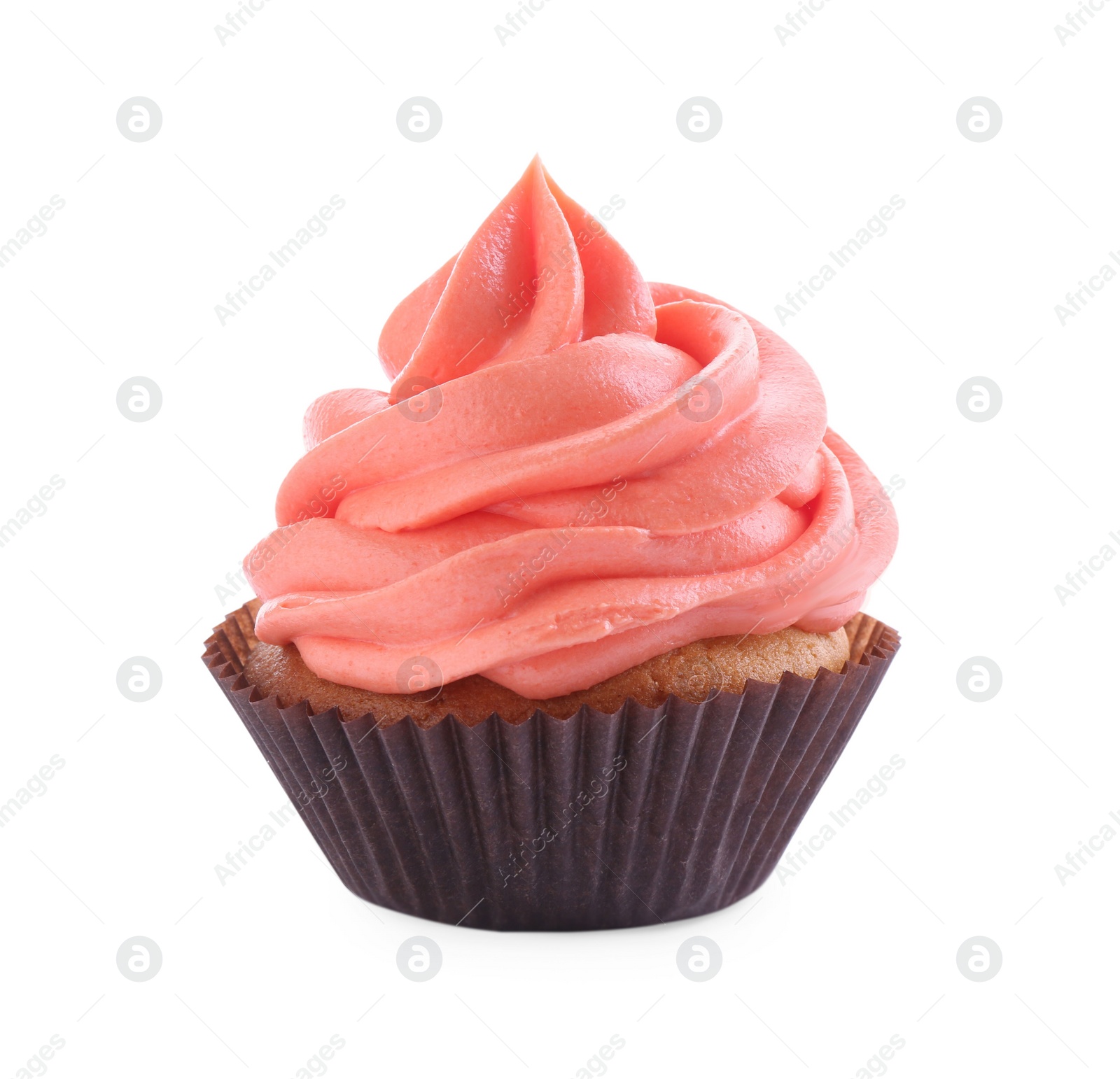 Photo of Delicious cupcake with pink cream isolated on white