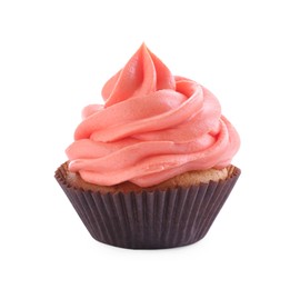 Delicious cupcake with pink cream isolated on white