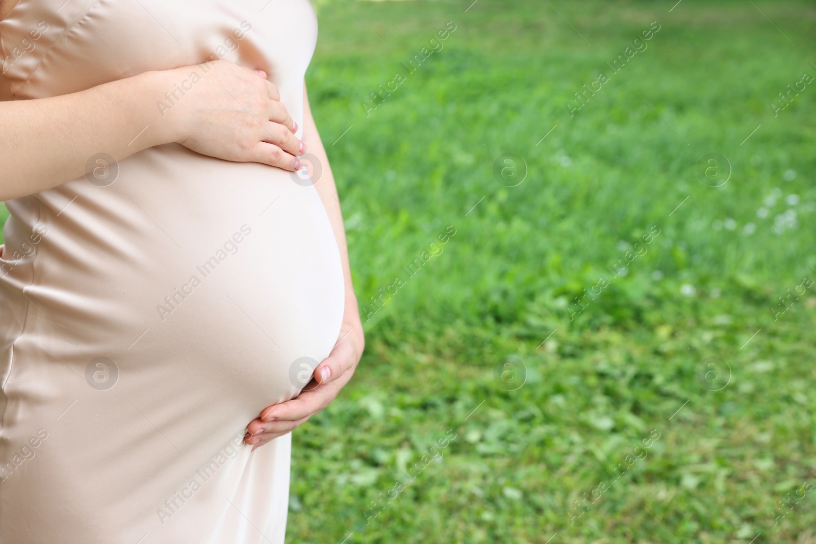 Photo of Pregnant woman touching belly on green grass, closeup. Space for text