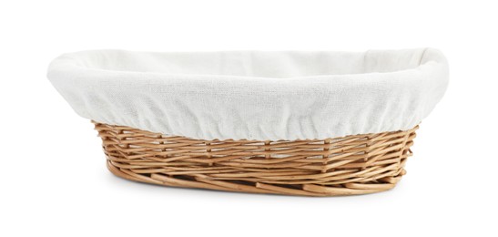 Photo of One empty wicker bread basket isolated on white