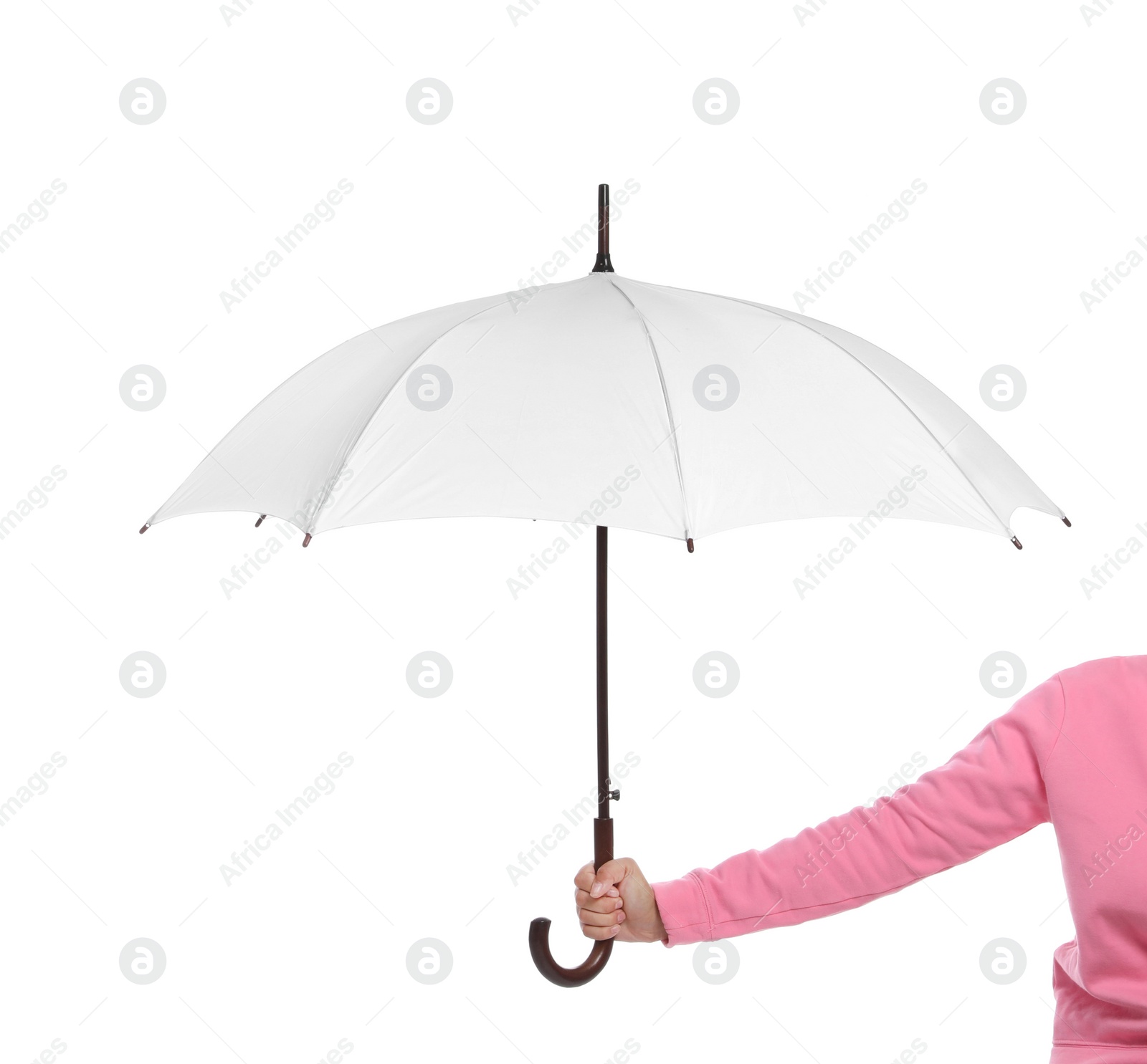 Photo of Person holding beautiful open umbrella on white background