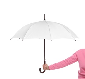 Photo of Person holding beautiful open umbrella on white background