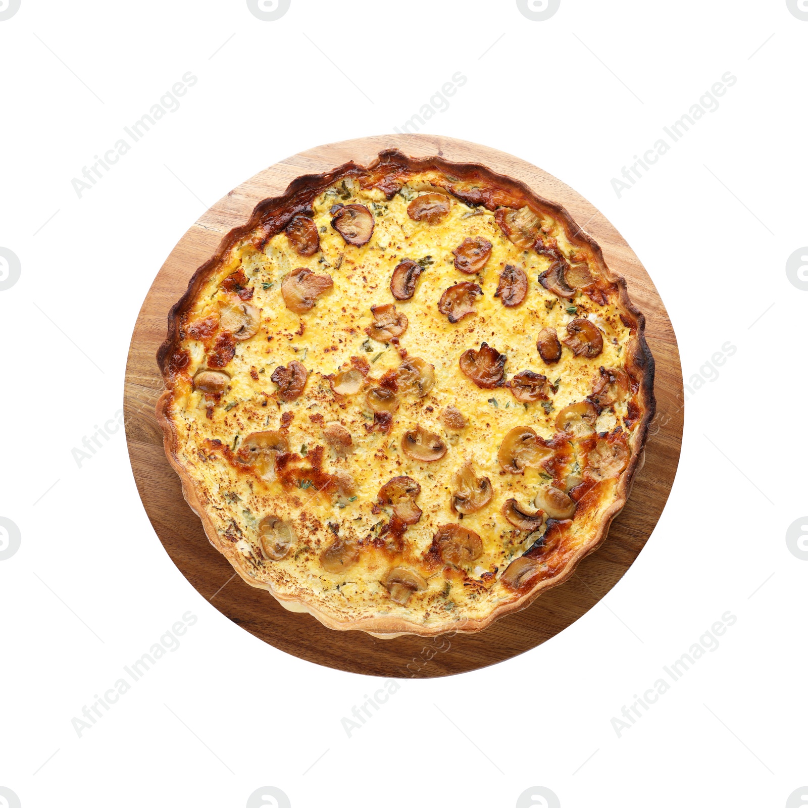 Photo of Delicious homemade mushroom pie on white background, top view
