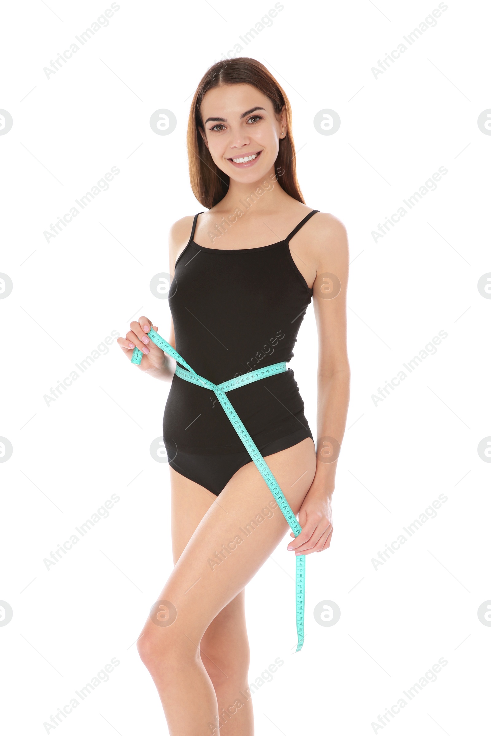 Photo of Slim woman measuring her waist on white background. Weight loss