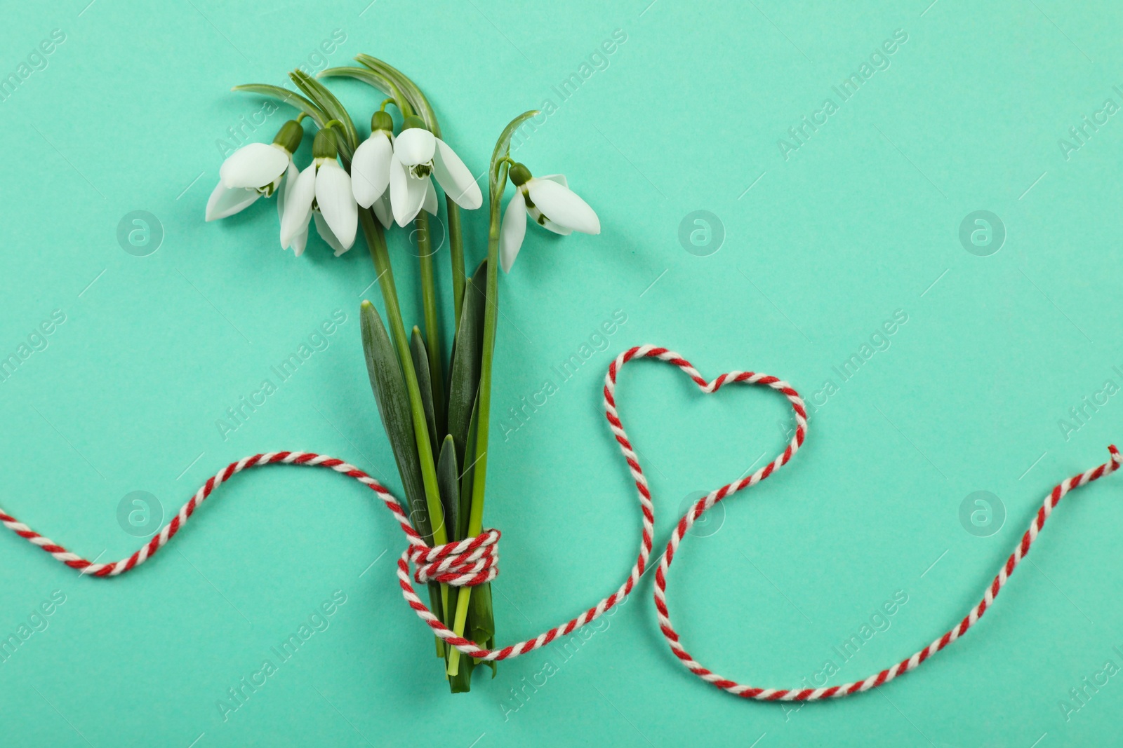 Photo of Beautiful snowdrops with traditional cord martisor on turquoise background, flat lay. Symbol of first spring day