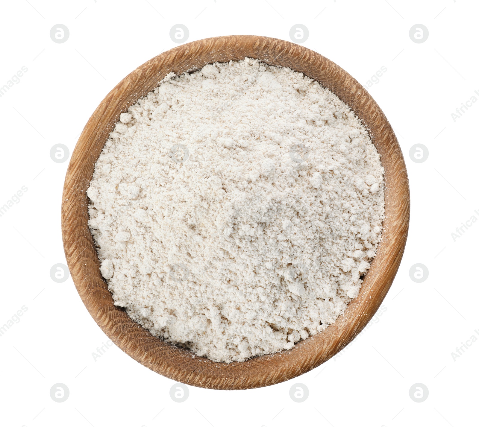 Photo of Bowl of oat flour isolated on white, top view